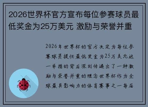 2026世界杯官方宣布每位参赛球员最低奖金为25万美元 激励与荣誉并重